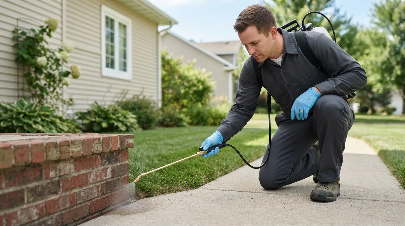 Pest control technician treating a home near Westphalia, IN