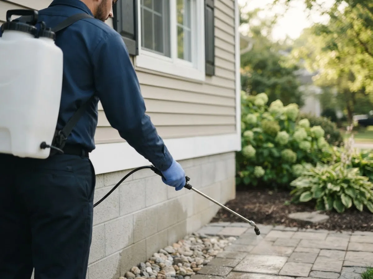 Pest control technician inspecting a home in Westphalia, IN
